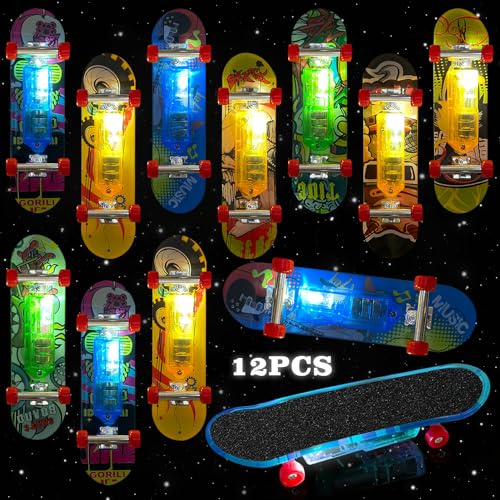 TOPJOWGA 12 Piezas LED Mini Finger Skateboard Luminosas, Skate de Dedos Profesionales, Diapasón Monopatines, Patineta de Juguete para Fiestas