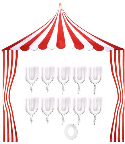Circus Tent Decorations, Carnival Party Decoration Red & White Striped Circus Tent Banner Backdrop with 10 Hooks Circus Awning Decor for Theme Parties Halloween