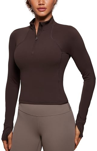 CRZ YOGA De las Mujeres Butterluxe Camisas Manga Larga Media Cremallera Pull-Over Atlética Recortada Tops Marrón Fudge Caliente 42