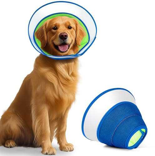 Halskrause Hund Weich, Hundekragen Leckschutz mit PVC, Schutzhalsband Katze, Kegelhalsbänder, Verstellbar Genesungshalsband, Leicht Halskrausen für Hunde, Haustier Elisabethanischer, Grün & Blau, S
