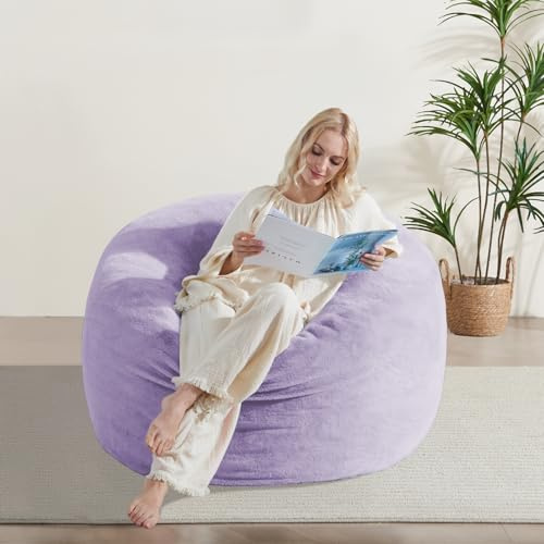 WSOFRLAC 3FT Bean Bag Chair, Comfy Bean Bag Chairs for Adults, Luxury Velvet Memory Foam Stuffed Beans Bags with Removable Cover, Adult Beanbag Chair with Filler for Living Room, Bedroom, Purple