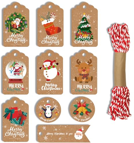 AUXHCYL 50 Pcs Christmas Tags for Present, 10 Styles Christmas Labels with Holes, Hanging Xmas Gift Tags with String for Decorating Christmas Trees or Gift Packaging