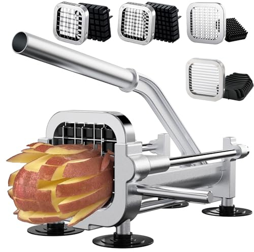 Eascandy Coupe-frites avec trancheuse de pomme, coupe pommes de terre en acier inoxydable très résistant pour frites, patates douces, carottes, concombres, citrons, poires 1/2, 3/8 et 1/4 + 8