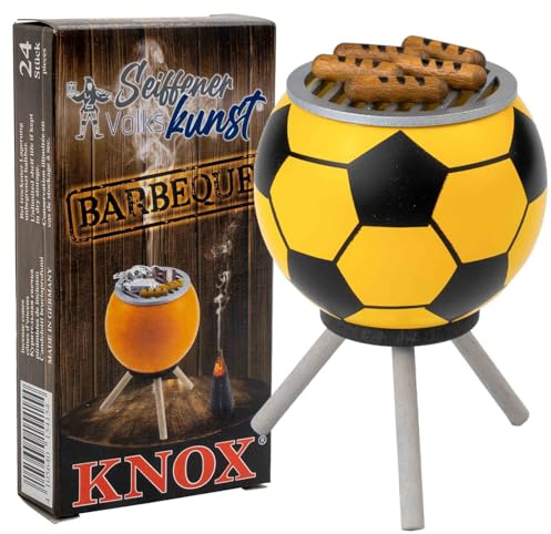 Seiffener Volkskunst Forno per affumicatura, statuetta per affumicatura, 10 cm, griglia + coni di incenso, barbecue, barbecue con salsicce, giallo + Knox