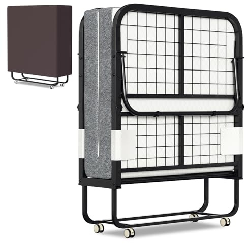 Peviasot Cama plegable 90x200 cm, cama supletoria, cama plegable con colchón de 13 cm de grosor, 4 ruedas con freno, cama para adultos con capacidad de carga hasta 200 kg, para sala de estar