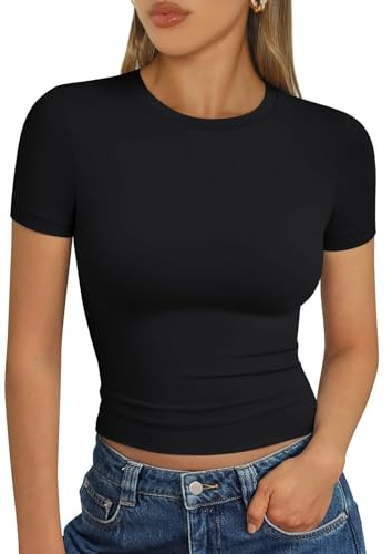 LILLUSORY Crop Tops Short Sleeve T Shirts for Women UK Summer Going Out Basic Slim Fit Tshirts Gym Workout Y2k Clothes