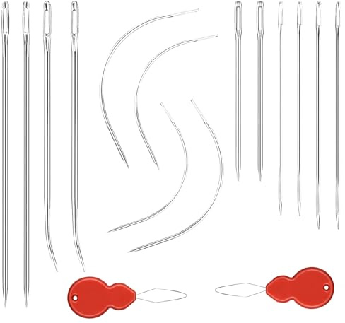 16Pcs Heavy Duty Hand Sewing Needles Kit, Durable Leather Sewing Needles with 2Pcs Needle Threaders, Assorted Curved, Triangular & Large-Eye Styles for Upholstery, Carpet, Canvas Repair