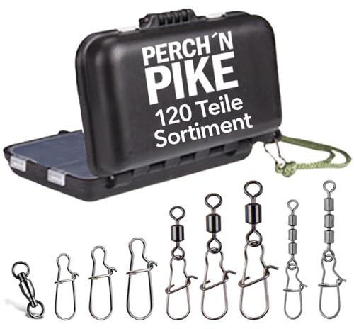 PERCH`N PIKE Lot de 2 boîtes de 120 émerillons de pêche avec émerillons à triple émerillons, snaps et émerillons de roulement à billes, pour la pêche au lancer et à la pêche à l'assise, au brochet, au