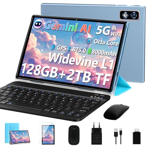 Último Tablet Android Gemini AI, Tablet 10 Pulgadas, 22GB+128GB/TF 1TB, Octa-Core 2.0GHz, 5G WiFi, Bluetooth5.0, 8000mAh Batería, 8MP+5MP, Widevine L1, GPS, Tablet con Funda, Teclado y Ratón - Azul