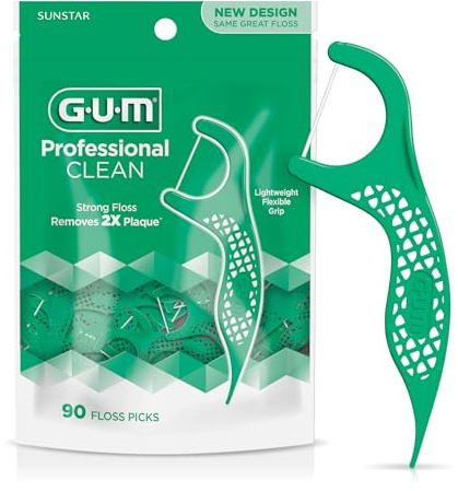 GUM Professional Clean Floss Picks - Extra Strong Shred-Resistant Floss, Easy Grip Handle - Dental Flossers for Adults - Fresh Mint Flavor, 90 Count