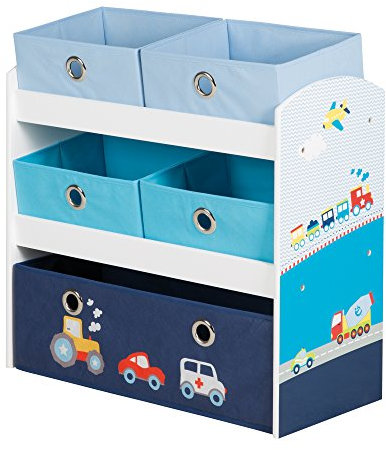 roba Spielzeugregal Rennfahrer - Spielregal für Kinderzimmer mit 5 Boxen aus Stoff - mit Auto Motiv in Blau - Aufbewahrungsregal für Jungen und Mädchen - Holz weiß