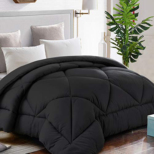 TEKAMON All Season Oversized King Comforter Summer Soft Quilted Down Alternative Duvet Insert Corner Tabs, Machine Washable Luxury Fluffy Reversible Collection for Hotel, Black