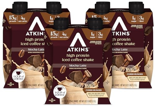 Atkins Mocha Latte Iced Coffee Flavored Protein Shake, High Protein, Low Glycemic, Low Carb and Low Sugar Shakes, Keto-Friendly, 12 Pack