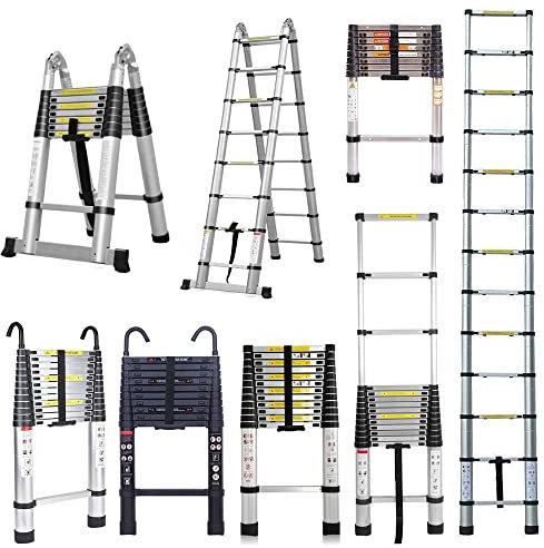 Telescopic Ladder A Frame 5M Multi-Purpose Extension Ladder 2.5M+2.5M Aluminum Portable Lightweight Collapsible Ladder with Stabilizer Bar, 330lbs Capacity Non-Slip EN131 Certified