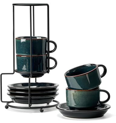 HOME DECOR Espressotassen Set - Reaktive Glasur Prozess - 4 x 140 ml Kaffeetassen mit Unterteller & Ständer - Edle Keramik Tassen für Espresso, Cappuccino und Latte - Dunkelgrün