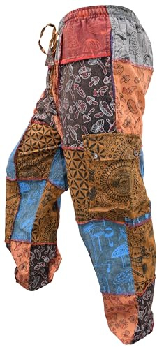 Gheri Men's Patchwork Mushroom Print Cotton Casual Loose Fit Harem Wide Leg Hippy Pants, X-Large