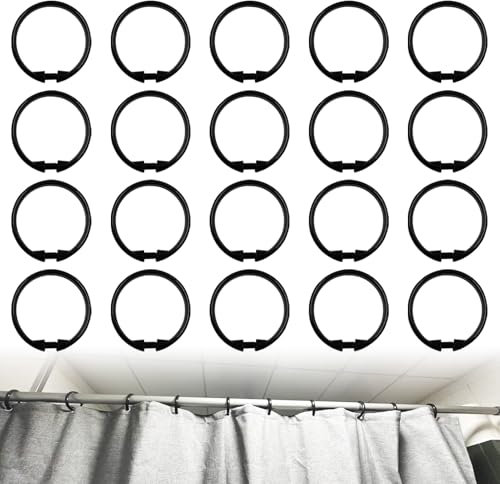 20 Pack Black Shower Curtain Rings, 50MM Plastic Shower Curtain Rings Hooks Top-spring O Rings Bathroom Shower Hooks Glide Easily on Bathroom Shower Rod for Bathroom Shower Window Rod