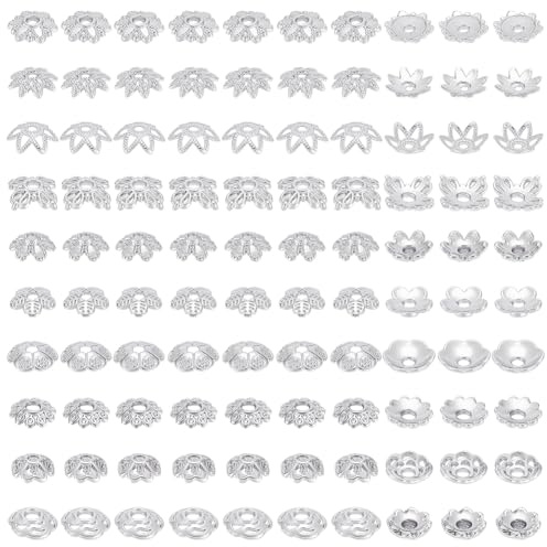 PH PandaHall 100 unidades de 10 estilos, tapas de perlas de flores, 6/7/8 mm, cuentas espaciadoras planas, espaciadores para hacer joyas, manualidades, plateados, color plateado