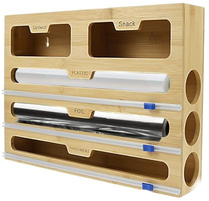 Cortador de láminas 5 en 1 con cúter, 40 × 29,5 × 8 cm, dispensador de papel de aluminio de bambú, dispensador de papel de aluminio y soporte para alimentos, bolsas para aperitivos, cocina, bolsas con