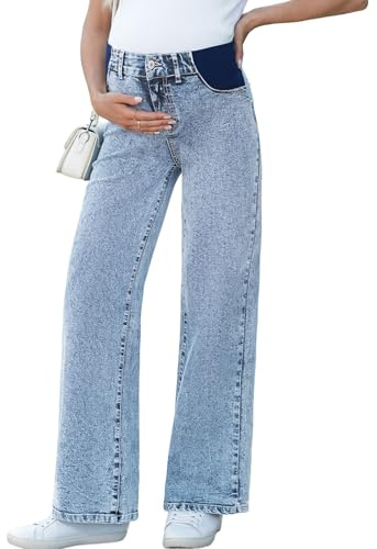 BLENCOT Pregnancy Pants for Women Maternity Wide Leg Jeans Elastic Waist Strech Denim Outfits Myosotis Large
