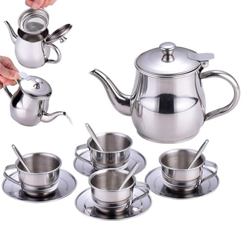 Childrens Tea Sets, Stainless Steel Teapot Shock-Resistant & Heat-Resistant Pretend-Play Safe Metal Teapot Set with Tea Cup Set for Girls and Boys