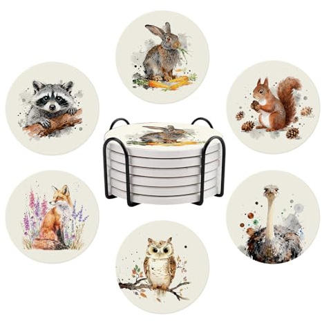 Funny Animals Coasters for Drinks, Ceramic Coasters for Drinks, Set of 6 Drink Coasters with Metal Holder, Absorbent Round Non-Slip Drink Coffee Bar Mug Cup Coaster Decoration Gifts
