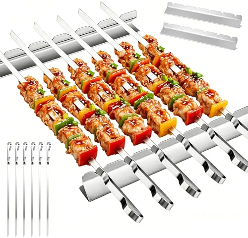OUZHOU Grillspieße Edelstahl Set mit Grillspießhalter, Schaschlikspieße Grillspieße mit 2 Halterungen & Tragetasche, Wiederverwendbare Kabob Fleischspieße Grill Zubehör, Grill Geschenk für Männer