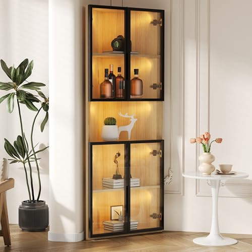 VIEKOS Vitrina de cristal 62 x 32 x 160 cm, exterior de roble, armario a prueba de polvo de vidrio templado, vitrina de esquina con puerta, vitrina de colección, estantería, armario para vino, armario