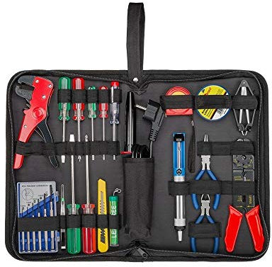 Goobay 45243 Lötset Lötkolben 30W Entlötpumpe Lötzinn Lötfett / Werkzeugkoffer Schraubendreher Zange Crimpen Phasenprüfer / Tasche 20-teilig