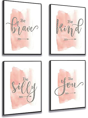 JKKL Set of 4 Teen Girl Framed Wall Art Canvas Painting Be Kind Inspirational Quote Print Blush Grey Picture Nordic Poster Girls Bedroom Decor, Pink, 8 x 12 inches