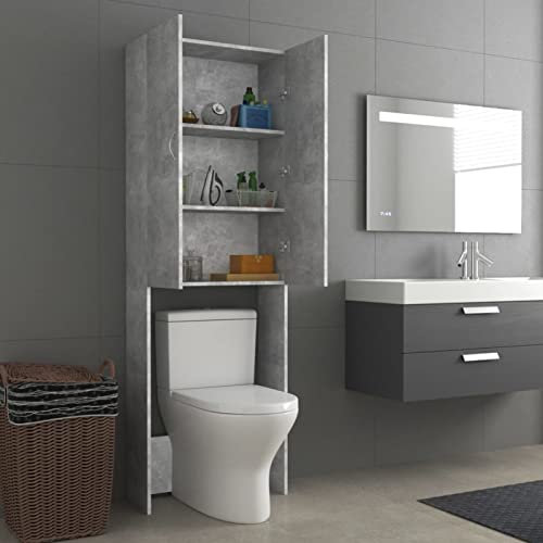 Susany Washing Machine Cabinet Over Toilet Cabinet Freestanding Washing Machine Rack with 2 Doors and 3 Shelves Bathroom Laundry Storage Organiser Cupboard Concrete Grey 64x25.5x190 cm