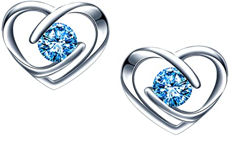 Yumilok Collier zircon pour femmes et filles, Boucles d'oreilles zircon pour femmes et filles, Bijoux parures en argent 925, Collier pendentif cœur élégant, Clou d'oreille cœur brillant, bleu