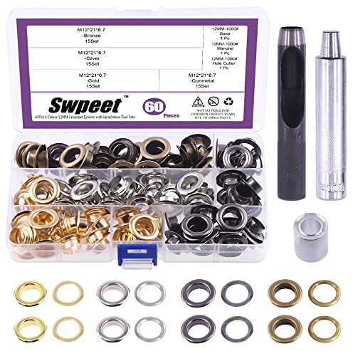 Swpeet 123 piezas 60 juegos de ojales gruesos de 12 pulgadas (12 mm), ojales de metal, ojales con arandelas y 3 piezas de ajuste de herramienta de instalación Kit de ojales de metal para reparar