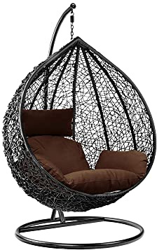 Garden Swing Egg Chair Hanging Chair Hammock Chair with Cushion, Patio Furniture Indoor Outdoor Lounge Black Chairs Brown Cushion with Sturdy Steel Frame