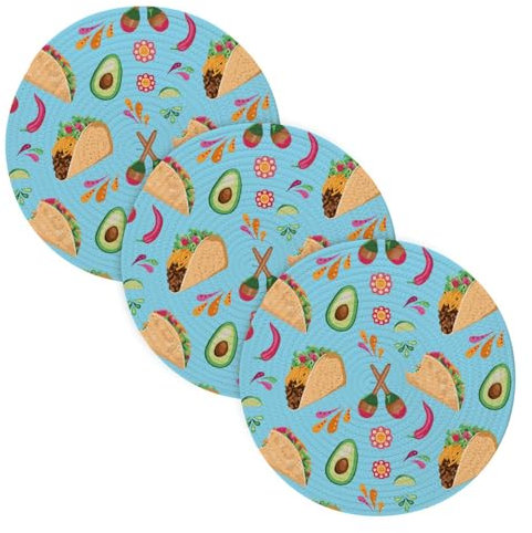 3 Pcs Kitchen Trivet Mat for Hot Dishes 15in Cotton Thread Weave Absorb Water Potholders for Stove Kitchen Decor Mexican Food Blue