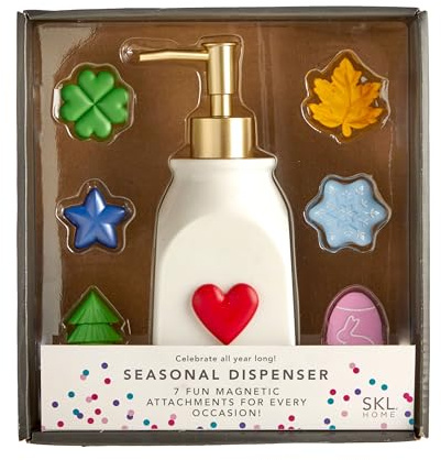 SKL Home Seasonal Soap/Lotion Dispenser Set with 7 Holiday Magnets, Gold