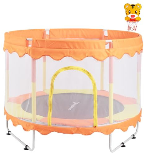 K IKIDO Kinder Trampolin, Indoor Kindertrampolin, Outdoor Kindertrampolin, Gartentrampolin 150cm - Sicherheitsnetz mit Reißverschluss, 150kg, Spielplatz für Kinder ab 2 Jahren (Orange)
