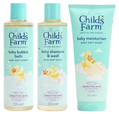 Childs Farm Baby Regime Bundle | Bubble Bath (250ml), Shampoo & Body Wash (250ml) and Body Moisturiser (200ml) | Baby Soft Scent | Suitable for Newborns with Sensitive, Dry, Itchy Skin