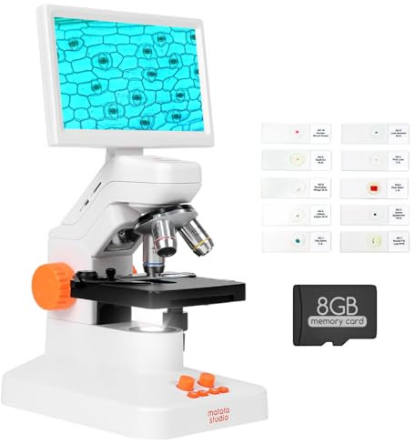 MT3-2 Digital Compound Microscope 40X-1200X with 7-inch Screen, Professional 3D Metal Stage and Prepared Slides Included, Great for Adult Kids School Lab Biology Classroom
