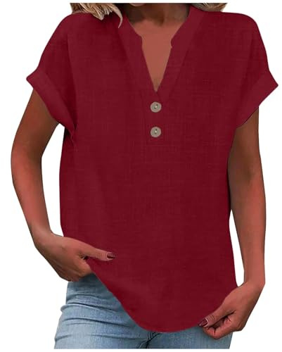 KOG Damen Tshirts Fashion Baumwolle Leinen Hemd Vintage Kurzarm Blusen Bluse Slim Fit Leinen Shirt Teenager Rundhals Lose Tee T-Shirt Rot XXL