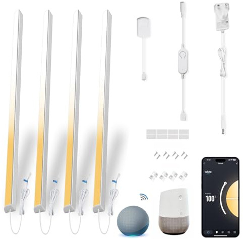 Cefrank Smart Under Cabinet Lights for Kitchen – Alexa & Google Voice Control, Dimmable 2700K-6000K, Easy Install, Energy-Saving V-Shape LED Bars (4 x 30cm)