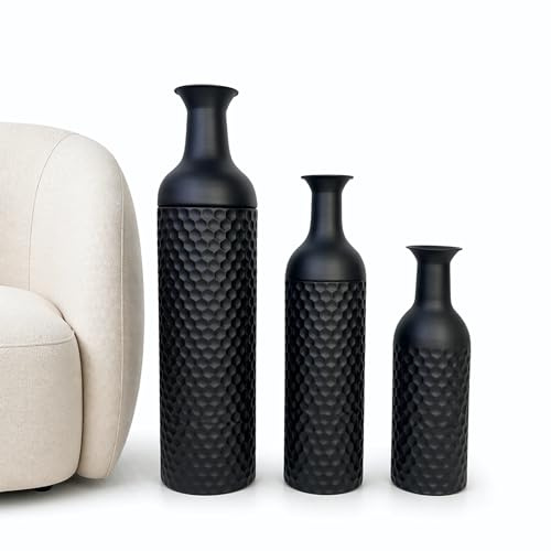 Leewadee Set di 3 Grandi Vasi da Terra 65/53/41 cm - Alti Vasi in Metallo Nero per Decorazione Casa