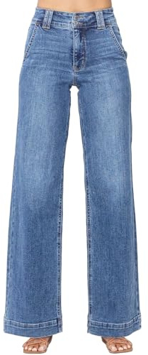 Astylish Women's Pants Wide Leg Jeans Woman Tummy High Waist Double Button Bootcut Trousers Stretchy Vintage Denim Jean Pants with Slanted Pockets Size 14 Sky Blue