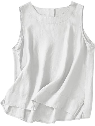Dyhxuan Camiseta sin mangas para mujer, de algodón y lino, muselina, vintage, cuello redondo, camiseta interior ligera de verano, camiseta de verano, monocolor, blusa de lino, camiseta de tirantes