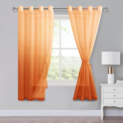 XWZO Set med 2 gardiner i voile med öglor - Färgövergång - För sovrum och vardagsrum - Med embrasser - H 160 x 140 cm - Orange