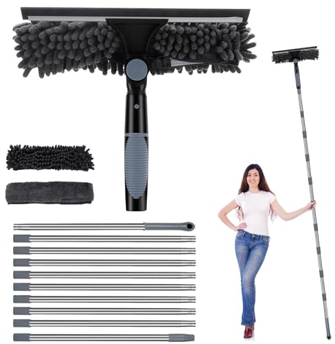 4.0M Telescopic Window Cleaning Poles Kit, Extendable Window Cleaner with Squeegee, 3 Microfibre Cloths, Long Reach Window Cleaning Equipment for Indoor & Outdoor High Windows, Cars, Walls (Grey)