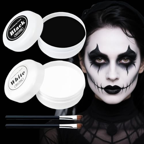 Maquillaje Halloween Blanco y Negro, Pinturas Corporales Blanco(50g) y Negro(50g), Pintura Cara Halloween Makeup para Niños Adulto, Pintura Facial Maquillaje para Teatral Carnaval Fiesta
