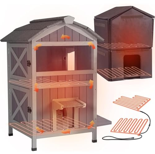 Wooden Dog House Cat House for Outdoor and Indoor, Pet Houses Dogs, Cats, Bunnies and Other Small Animals (Classic, 2 Level Curved Top Heated)