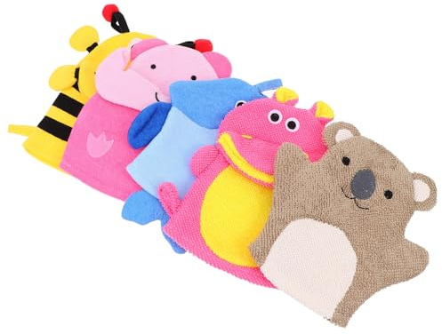 5 Pcs Boy Girl Exfoliating Bath Gloves Sponge Polyester Fine Fiber | Cartoon Animal Shape, Gentle Cleaning for Boy Girl, Lightweight and Easy to Carry, Bath Mitt Random Style