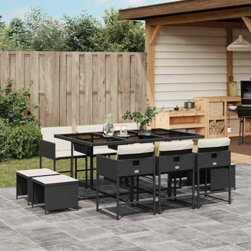 Owoxanthellate 11-TLG. Gruppo da giardino nero 165 x 106 cm con sedie e sgabelli pieghevoli in rattan sintetico, resistente alle intemperie, salvaspazio, per terrazze, balconi e giardini d'inverno